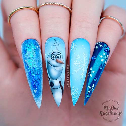 Long Stiletto Olaf Christmas Nails 2021 with Snowflakes and Glitter