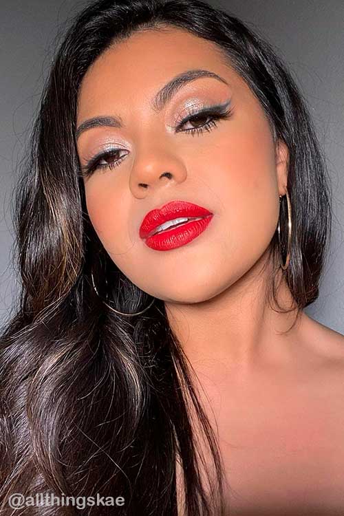 Perfect Classic Holiday Look consists of red lips and glitter eyeshadow, and precise brow in taupe