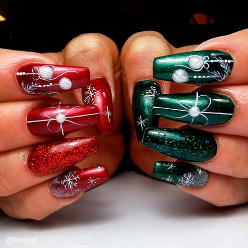 Coffin Red and Green Christmas Nails between Presents, glitter, and snowflake nails
