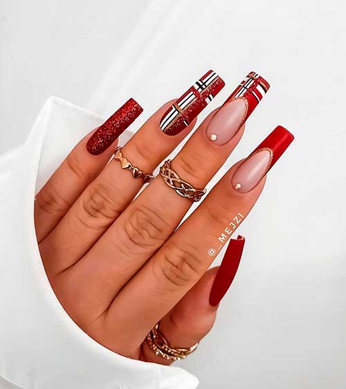 Pretty Long Square Red Christmas Nails with Glitter, and Red Plaid Nails