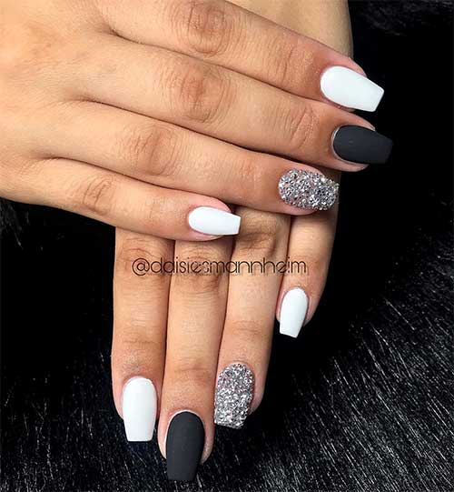 Short Matte Coffin Black and White Nails with Accent Silver Glitter Nail