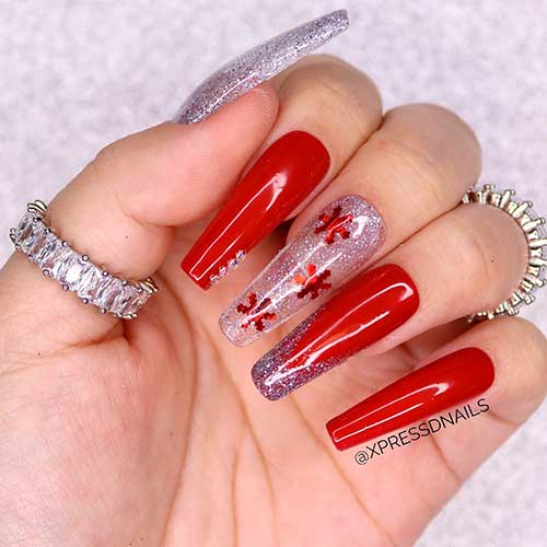 Red Coffin Christmas Nails with Silver Glitter Red Coffin Christmas Nails 2021 with Silver Glitter, Rhinestones, and Red Snowflakes