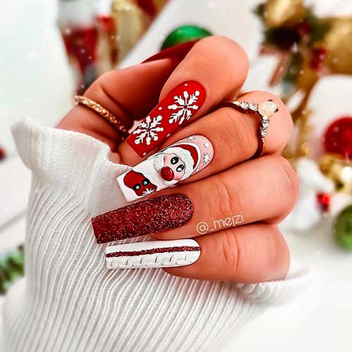 Red Santa Claus Christmas Nails with Snowflakes, Glitter, and Sweater Nails