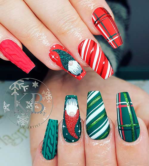 Long Coffin Matte Red and Green Plaid Nails for Christmas with Gnome and Sweeter Accent Nails