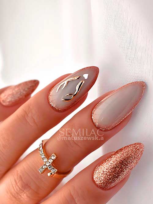 Rose Gold Foil Winter Nails Almond Shaped Rose Gold Foil Winter Nails