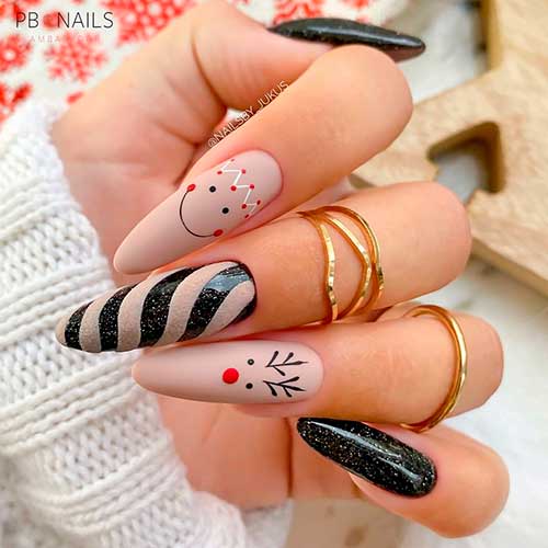 Shimmer Black Christmas Nail Art Long Almond Shimmer Black Christmas Nails with Christmas Nude Color Accents