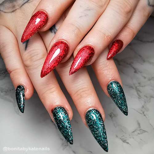 Shimmer Long Stiletto Red and Green Simple Christmas Nails 2021 Wearing Separately on Each Hand