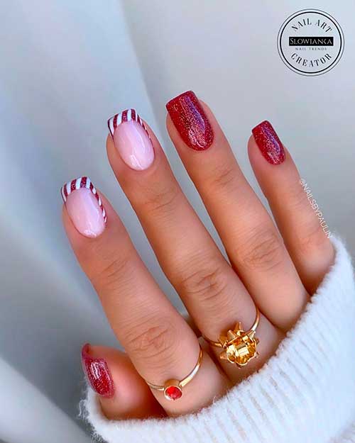Shimmer Short Square Red Christmas Nails with Two Accents Candy Cane Nails 2021