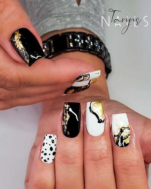 Short Square Porcelain Black and White Nails with Gold Polish Patches