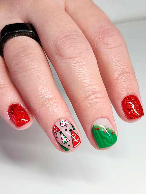 Short Glitter Red Christmas Nails with Green Christmas Arts and Sweater Nail Art