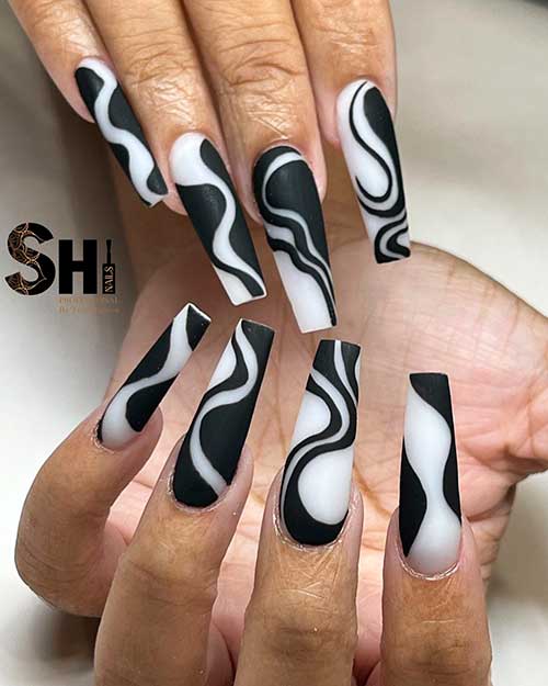 Sophisticated Long Coffin Black and White Nails 2021 in Abstract Nail Art