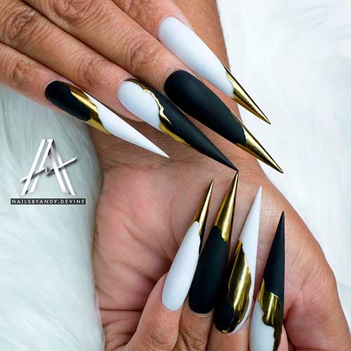 Stiletto Black and White Nails with Gold is a Perfect Winter Nails