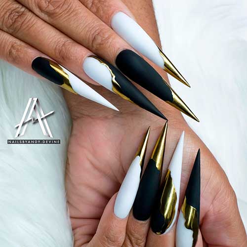 Stiletto Gold, Black, and White Nail Design Stiletto Black and White Nails with Gold is a Perfect Winter Nails