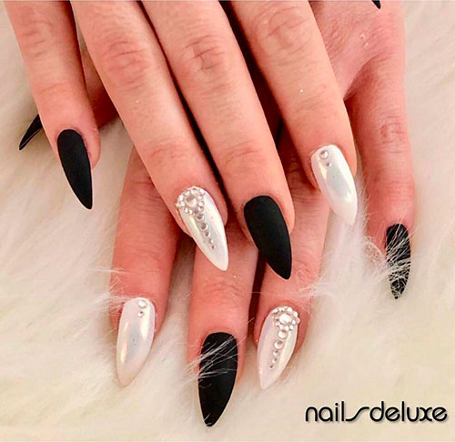 Stiletto Matte Black with Pearl White Nails Adorned with White Rhinestones