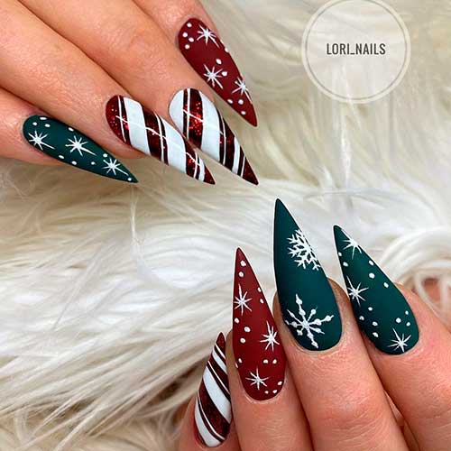 Stiletto Matte Red and Green Christmas Nails 2021 with Shimmer Candy Cane Accents