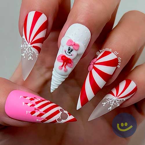 Stiletto Red and White Candy Cane Nails with Snowflakes for Christmas 2021