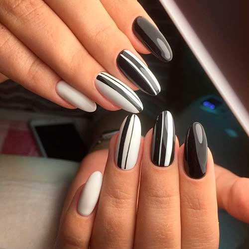 Long Round Shaped Striped Black and White Nails 2021 Design