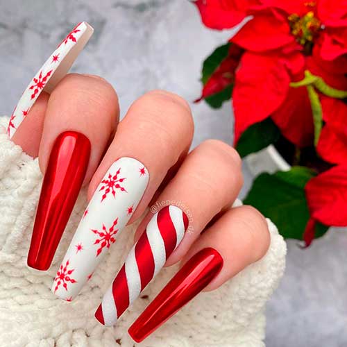 Stunning Coffin Chrome Red Christmas Nails with Red Snowflakes on Two Accent Nails, and Candy Cane Accent Nail
