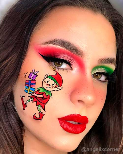 Stunning Green and Red Elf Christmas Makeup Look with Red lips