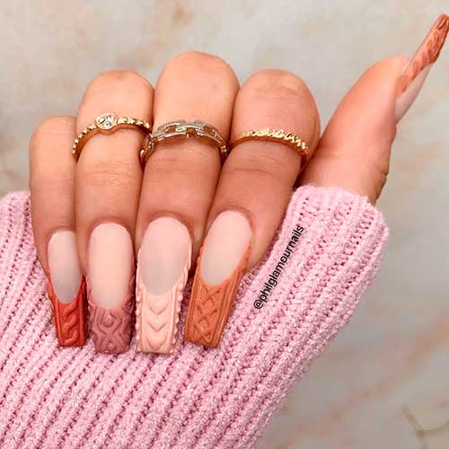 French Tip Hybrid Sweater Nails Design with Different Fall Colors