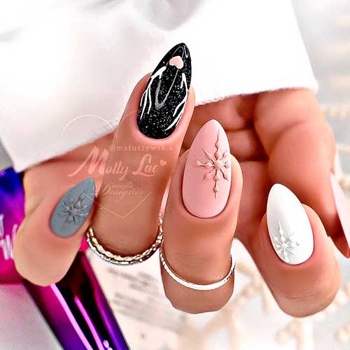 White, Grey, and Dirty Rose Snowflake Nails White, Grey, and Dirty Rose Snowflake Nails 2021 with Accent Matte Black Winter Nail Design