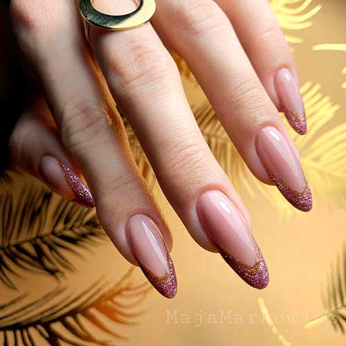 Rose Gold Glitter Almond Modern French Tip Nails 2021 
