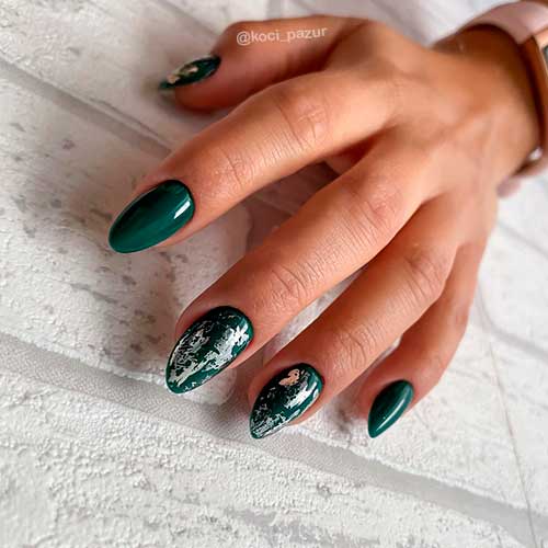 Almond Dark Green Nails Design with Silver Foil 