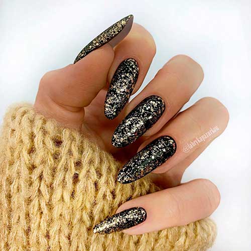 Long Almond Gold Glittering Black Nails Design