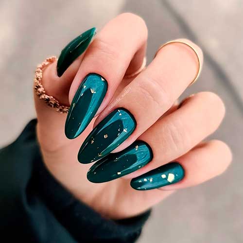 Autumn Long Round Dark Green Nails with Dots Of Gold