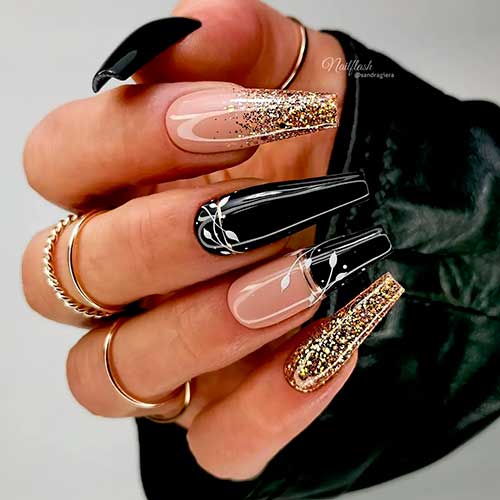 Long Gold Glitter and Coffin Black Nails 2022 with White Leaves