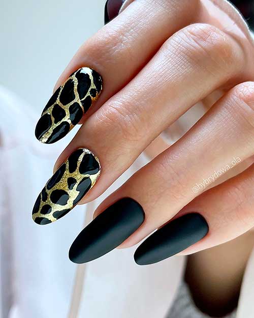 Long Round Black and Gold Nail Art Design with Matte Black Nails