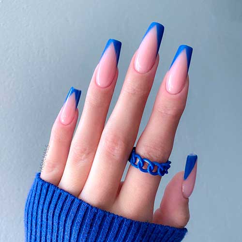 Blue V French Tip Coffin Nails design Blue V French Tip Coffin Nails design