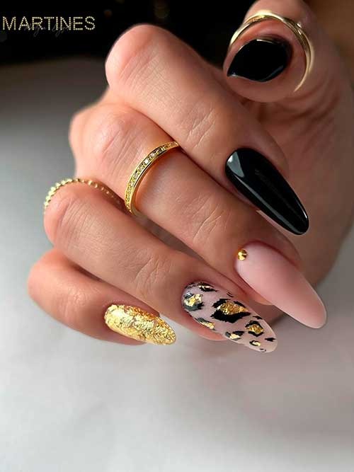 Cute Black and Pink Nails with Gold and Leopard Prints