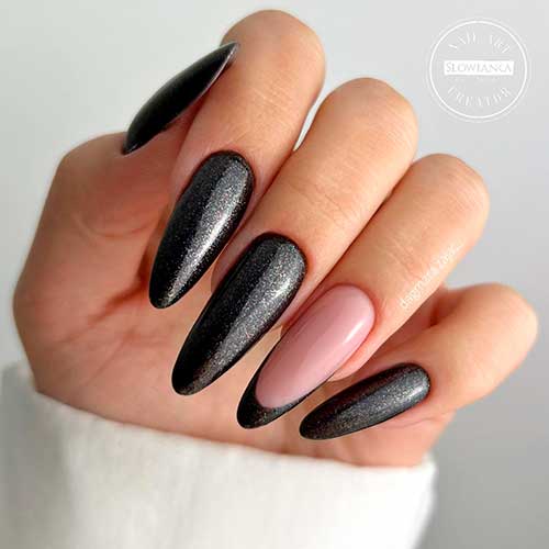 Elegant Black Manicure with French Accent Nail Elegant Shimmer Black Manicure with French Accent Nail - Stunning black nail designs 2022