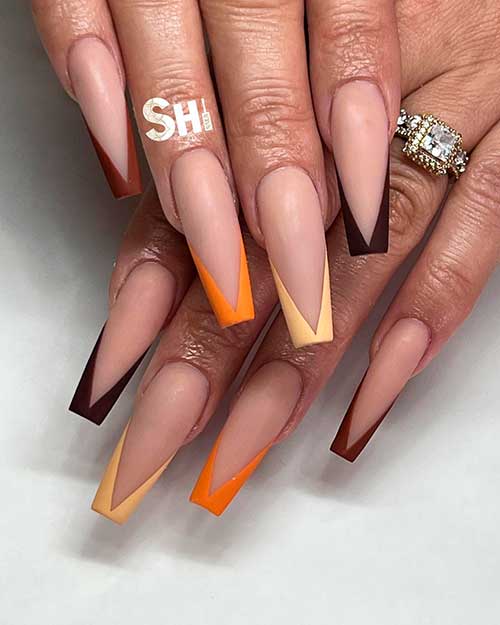 Elegant and Classy Matte Multicolored V French Tip Nails Design with Earth Tone Colors