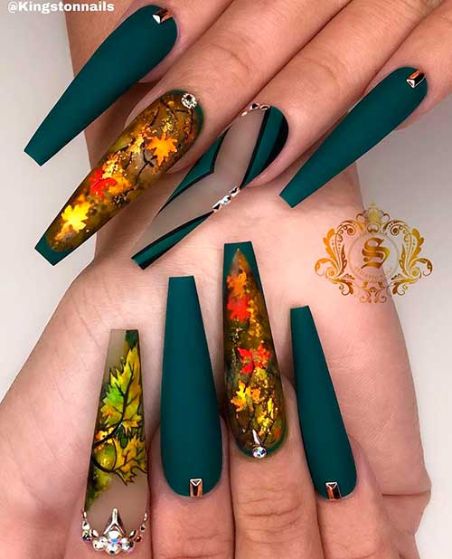 Long Coffin Fall Dark Green Nails Design with Gorgeous Fall Leaves and Rhinestones