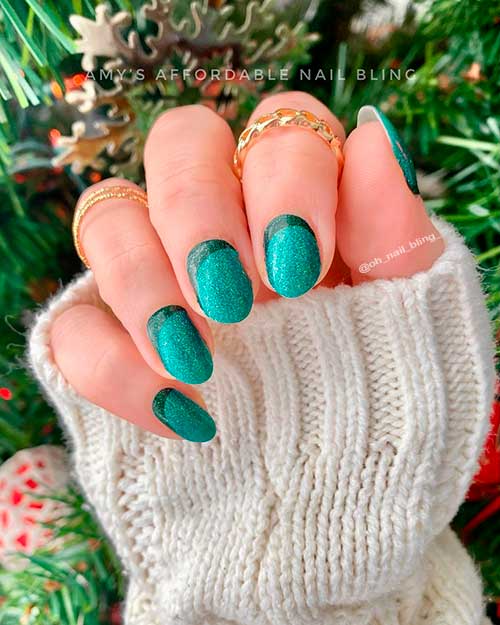 Feeling Pine Color Street Nails Short Round Reverse French Feeling Pine Color Street Nails with Glitter for Christmas 2021