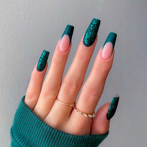 Long Coffin Glitter Dark Green Nails Design with French Tip Accents