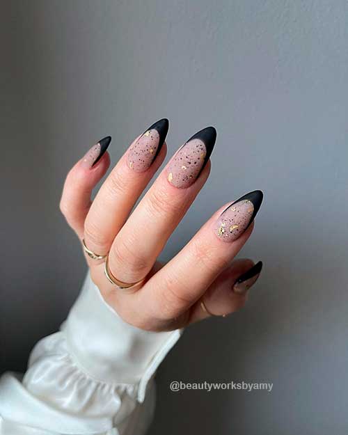 French New Year Nails Design Black French New Year Nails 2022 Design with Gold Glitter and Black dots