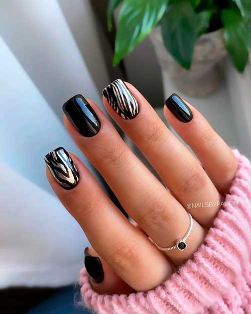 Glossy Short Square Zebra and Black Nails for a Cute Nail Look Ever