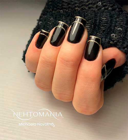 Glossy Square Black Nails with Double Gold Glitter Strips Glossy Square Black Nails with Double Gold Glitter Strips on Nail Tips
