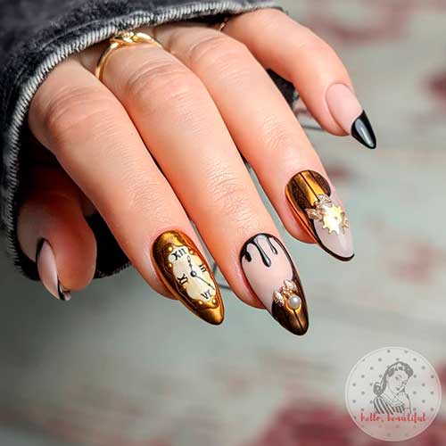 Gold Clock New Years Eve Nails Design Almond Shaped Black and Gold Clock New Years Eve Nails 2022 Design