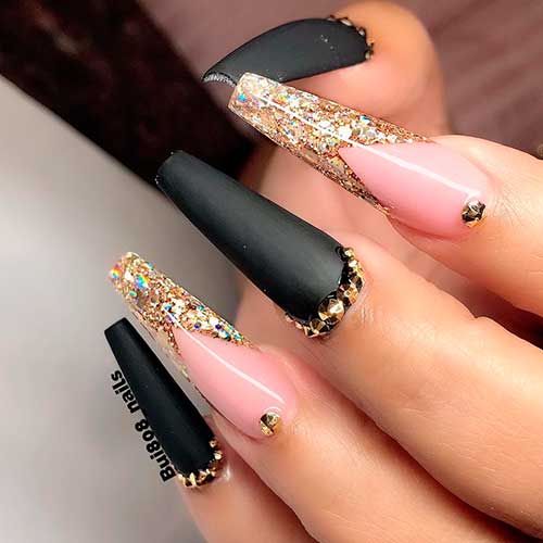 Long Coffin Gold Glitter with Matte Black Nails and Rhinestones is One of The Best Black Nail Ideas
