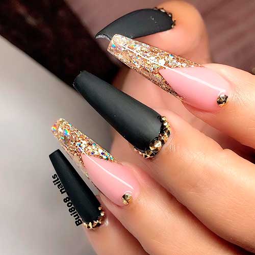 Gold Glitter with Black Nail Designs Long Coffin Gold Glitter with Matte Black Nails and Rhinestones is One of The Best Black Nail Ideas