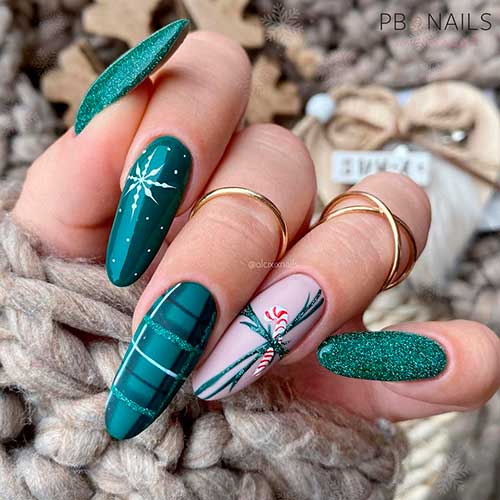 Long Round Green Christmas Nails Design with Glitter, Candy Cane, and Snowflake Themes