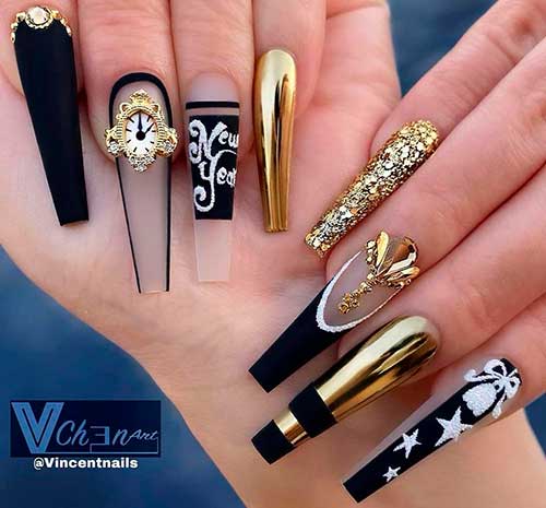 Happy New Year Nails Design Long Coffin Black and Gold Happy New Year Nails 2022 Design