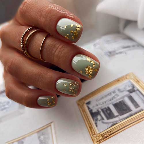 Jade With Gold New Years Eve Nails Design Short Square Shaped Jade Green With Gold Foil New Years Eve Nails 2022 Design