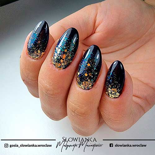 Long Almond Shining Black Nails 2022 with Confetti, and Gold Glitter