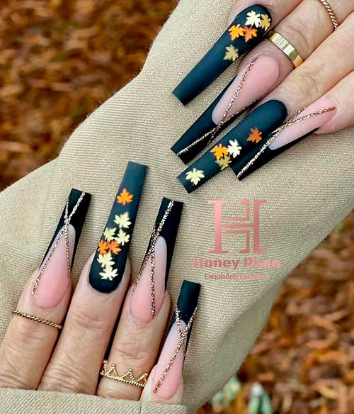 Long Coffin Black and Nude Nails With Fall Leaves and Gold Glitter Long Coffin French Black and Nude Nails With Fall Leaves and Gold Glitter