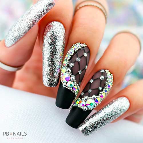Long Coffin Matte Black and Silver New Year Nails Design with Rhinestones and Black Fishnet Nail Art on Two Accents Long Coffin Matte Black and Silver New Year Nails Design with Rhinestones and Black Fishnet Nail Art on Two Accents